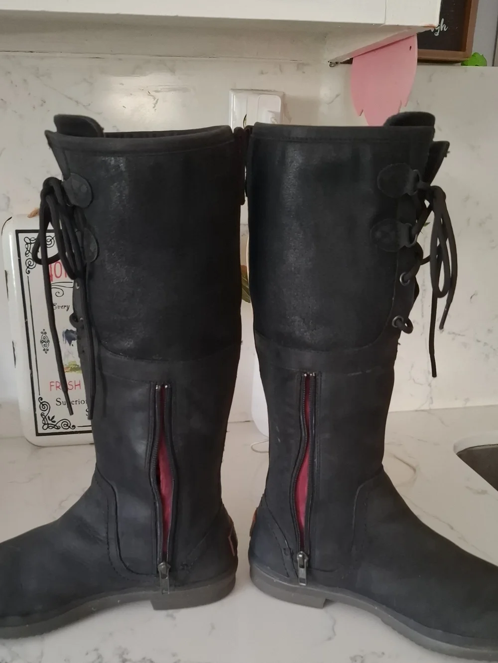 UGG Waterproof  Womens Black Lace-Up Mid-Calf Boots with Side Zippers